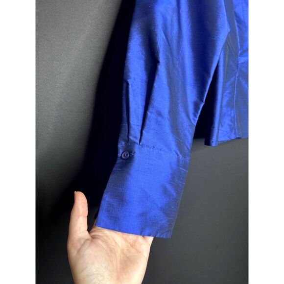 Women's Royal Blue Shiny 100% Silk Wrap Holiday Party Blouse - Picture 5 of 9